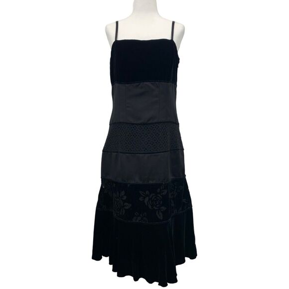 Vintage SZ 10 Black Midi Cocktail Dress Witchcore Velvet Silk Square Neck Goth - Picture 1 of 7